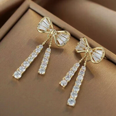18k Gold Plated Bow Crystal Dangle Drop Earrings Womens Jewellery Party Wedding