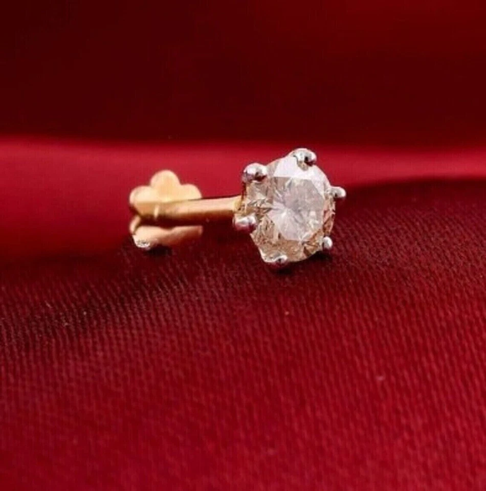 4MM Round Cut Natural Diamond Solitaire Screw Back Nose Pin Real 14K Yellow Gold - Image 4 of 4