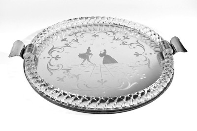 Fifties Murano Glas Tablett ° SPIEGELTABLETT ° geätzter Rokoko Dekor