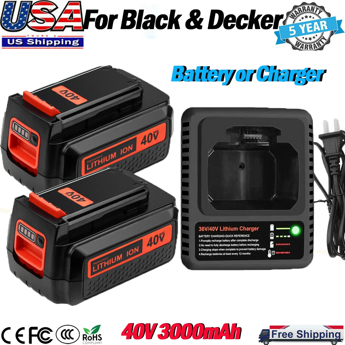 Replacement for Black & Decker 40 Volt Battery LBX2040 LBXR2036