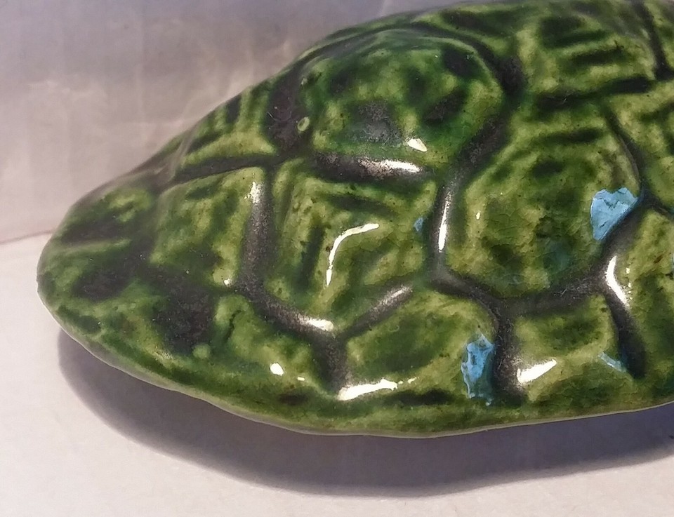 Small Green Turtle Ceramic Glazed DDR Arts and Crafts Shadow Box
