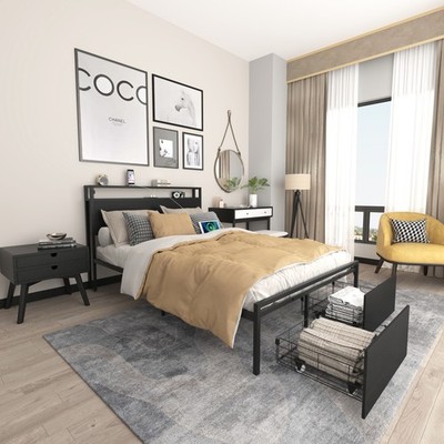 Full Size Bed Frame with Storage Headboard and 2 Drawers, LED Lights Bed