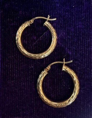 Vintage 1980s 14K Yellow Gold Diamond Cut Textured Hoop Earrings Hoops