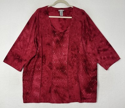 Catherines Shirt Red Sequin Embroidered 3/4 Sleeve Stretch Plus Size 2X 22/24W