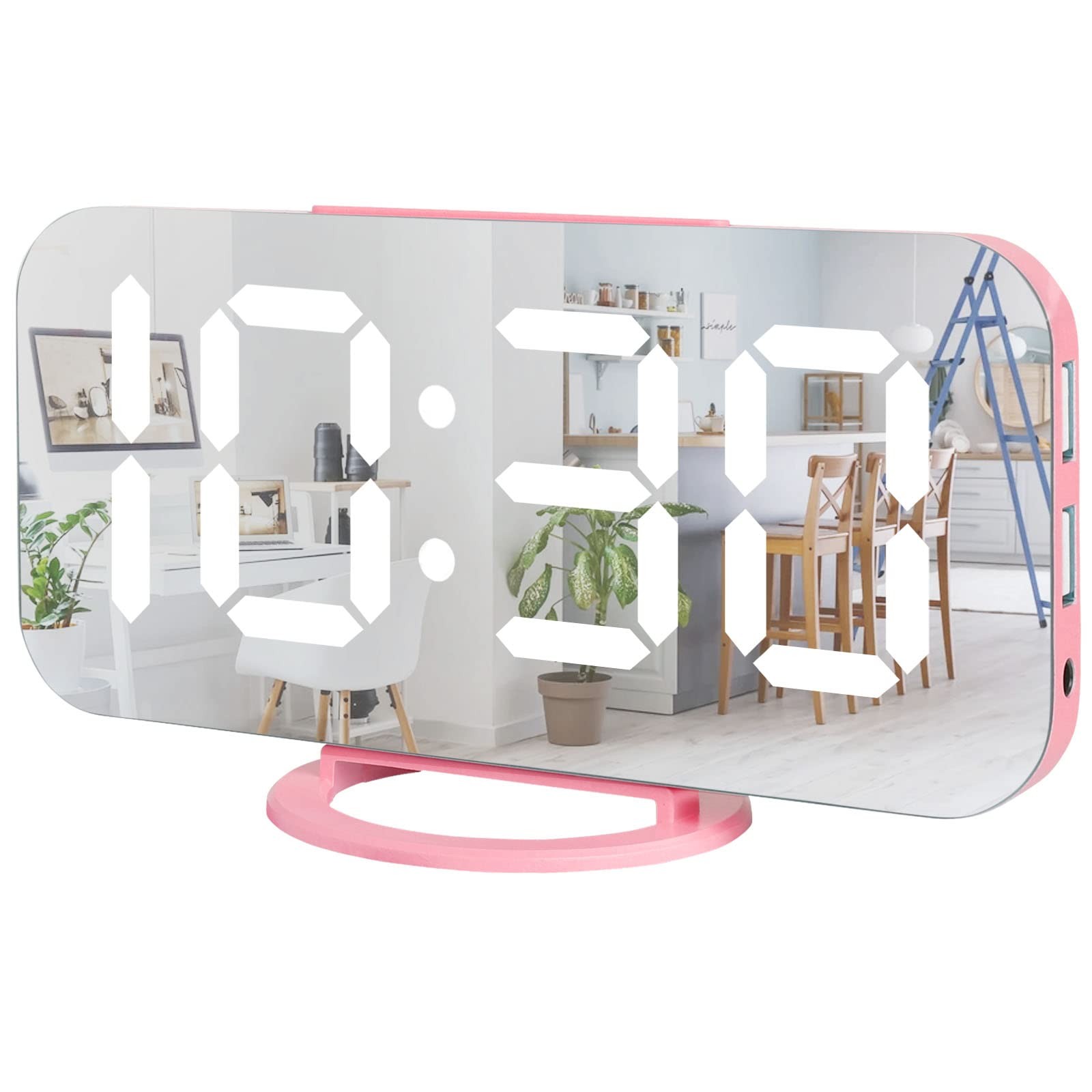 For Girls, Large Led Mirror Desk Clock, 2 Usb Chargi...