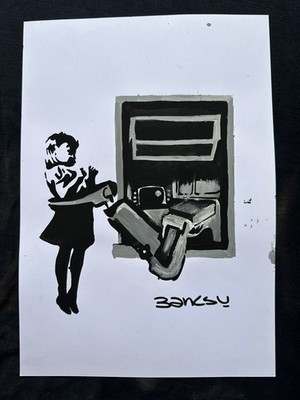 BANKSY drawing and painting on old paper signed stamped vintage