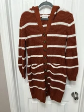 Olive and Oak Hoodie Sweater Cardigan Button Up Size L Rust White Stripe