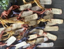 Set 10 Grubby Hand Stamped Halloween Tags Stained Primitive Witch Ghoul Ghost