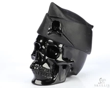 5.0" Black Obsidian Hand Carved Crystal Skull and Navy Cap
