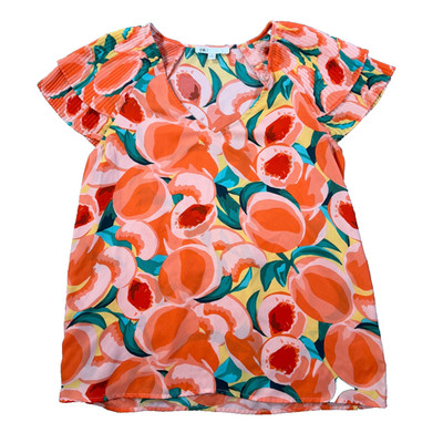 DR2 Peach Print Pleated Flutter Sleeve Blouse Women's Small V-neck Orange Green