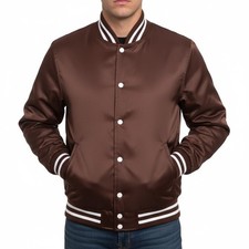 Varsity Letterman Satin Jacket Brown White trims Bomber College Retro Jacket