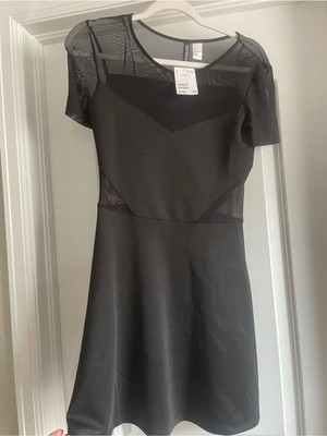 NEW H&M Divided Black Sheer Mesh Yoke Panel Short Sleeve Mini Dress Size 8