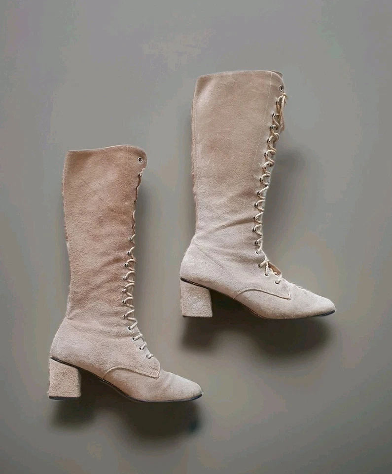 Botas con cordones de gancho y ojales de gamuza crema años 60 70 raras de colección. Talla 7B Gogo Mod Foto 2 de 4
