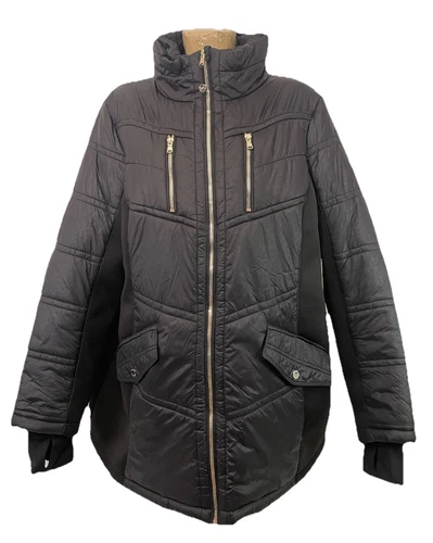 Giacca nera Michael Kors taglie forti 2x 52” tasche zip cappotto stampa animalier