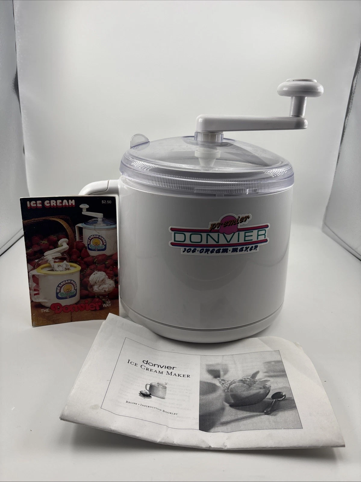 Vintage DONVIER PREMIER Crank Ice Cream Maker Quart White Made in Japan Recipes