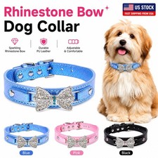 Rhinestone Bow Tie Dog Collar Adjustable Leather Crystal Bling Puppy Pet Collars