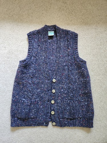John Molloy Cable Knit Sweater Vest 100% Wool Size Large Blue Buttons Pockets
