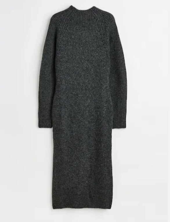 H&M Rib Knit Dress Long Sleeve Midi Dark Grey Marl UK Small