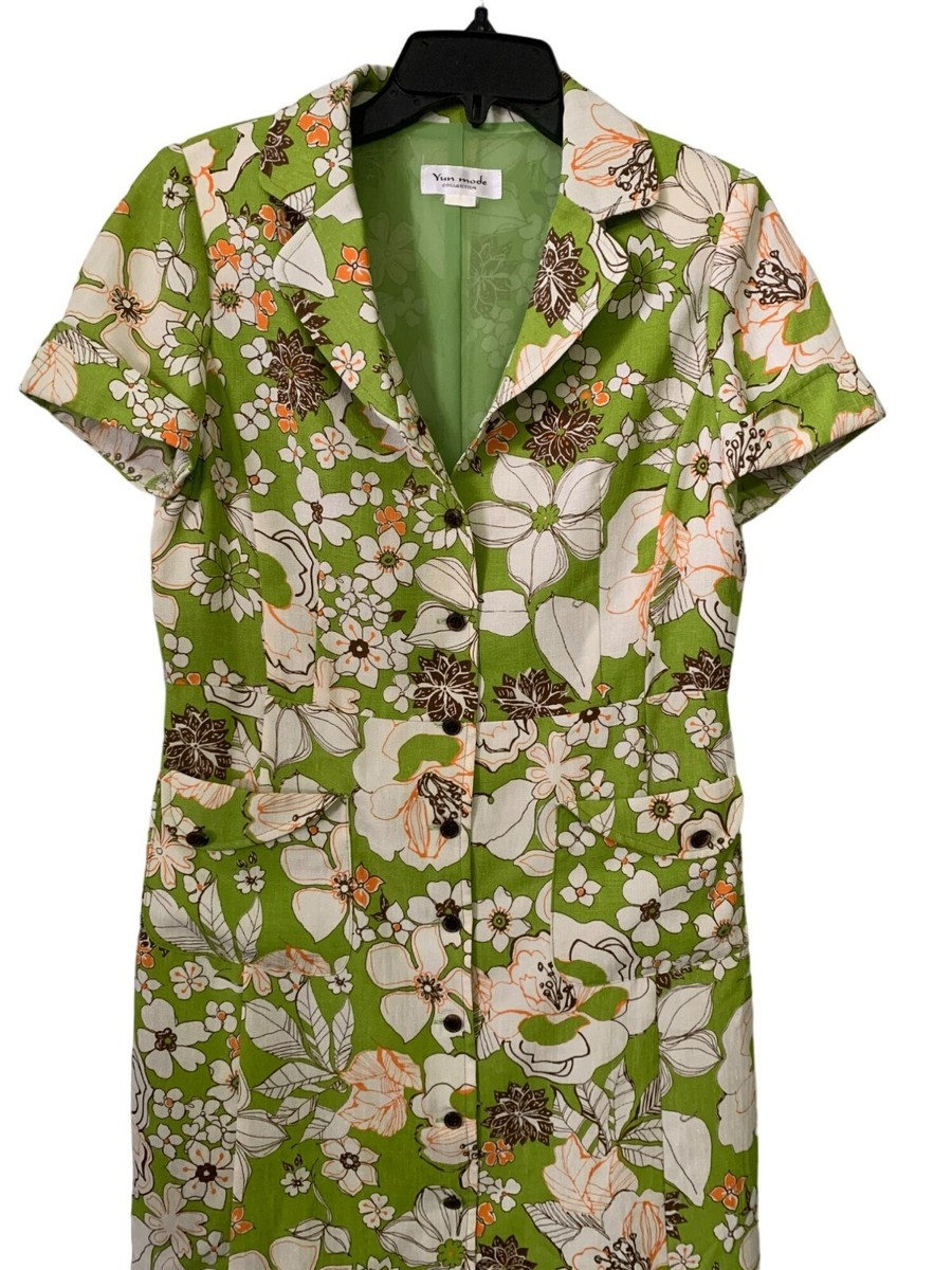 VTG Retro Yun Mode Collection Green Floral Button-Down Short Sleeve Dress View 6