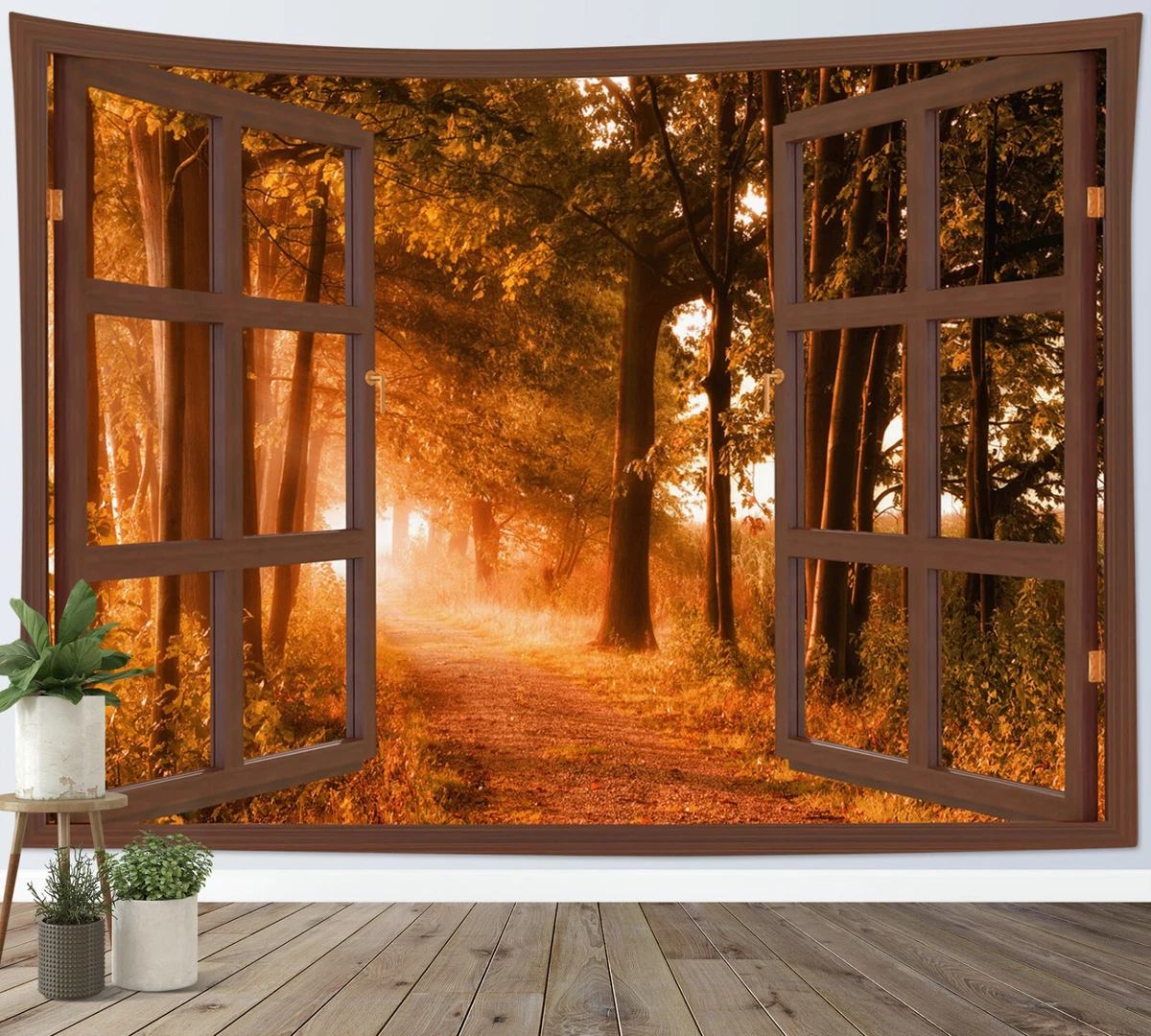 Retro Window Forest Sunset Fall Tapestry Wall Hanging for Living