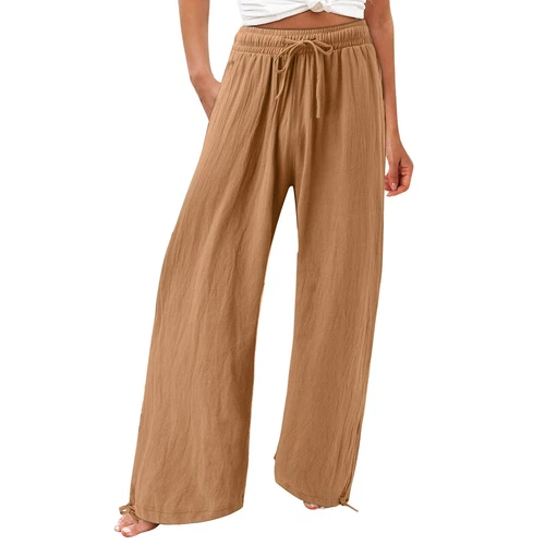 Women Loose High Waist Drawstring Cotton Linen Wide Leg Long Pants With Pockets - Picture 21 of 44