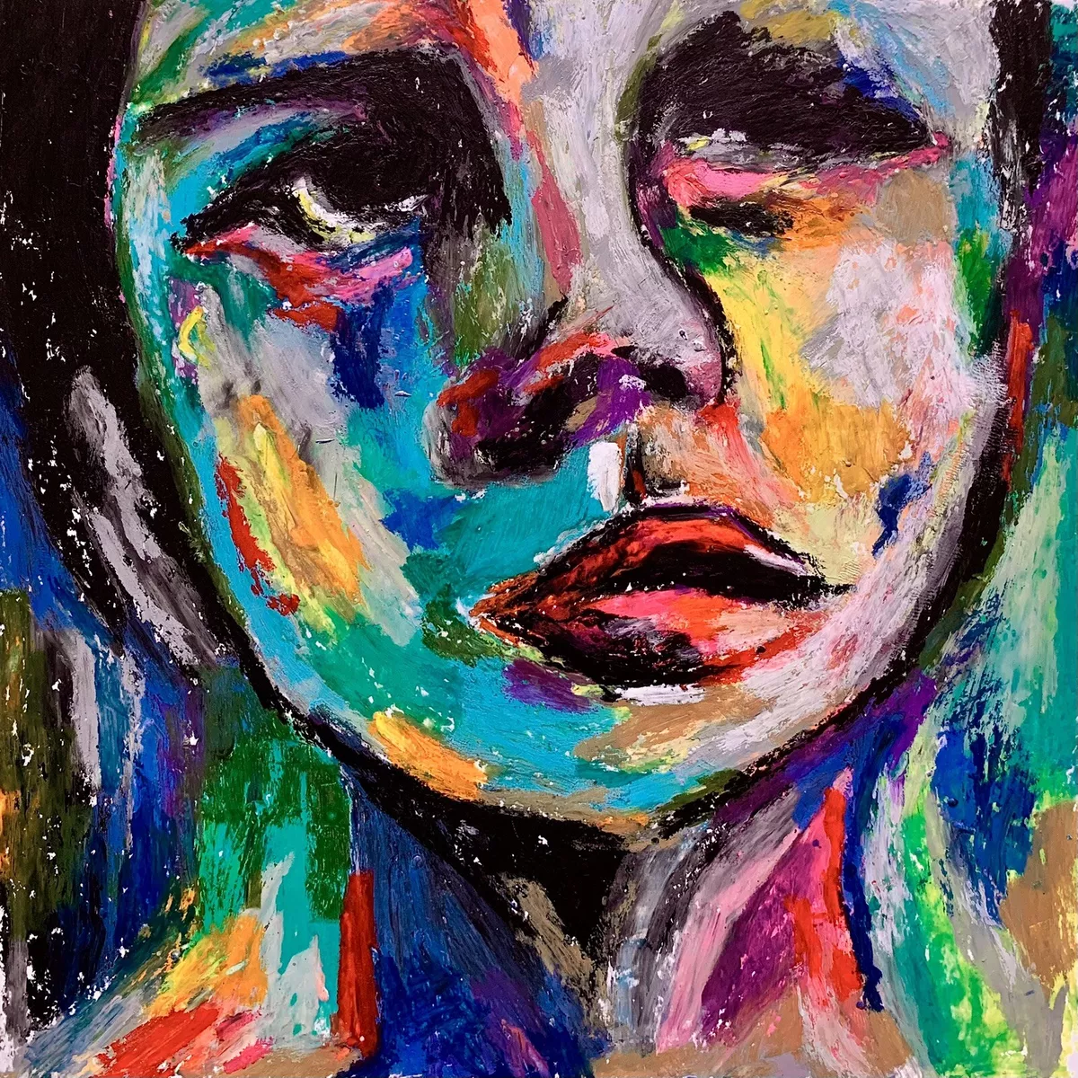 Original oil pastels art. Abstract Portrait. Size 8.3”x8.3”