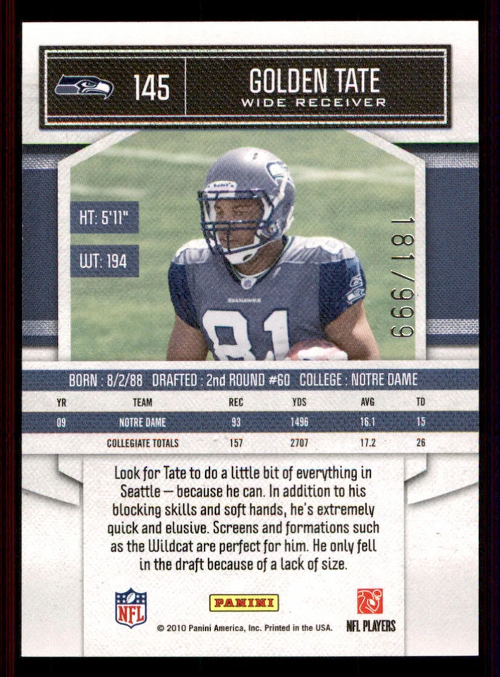 2010 Classics #145 Golden Tate RC /999 - Image 2 of 2