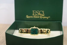 Vin ESQ Movado Womens Gold Tone 100250 Malachite Dial Gold Tone Watch New Batt