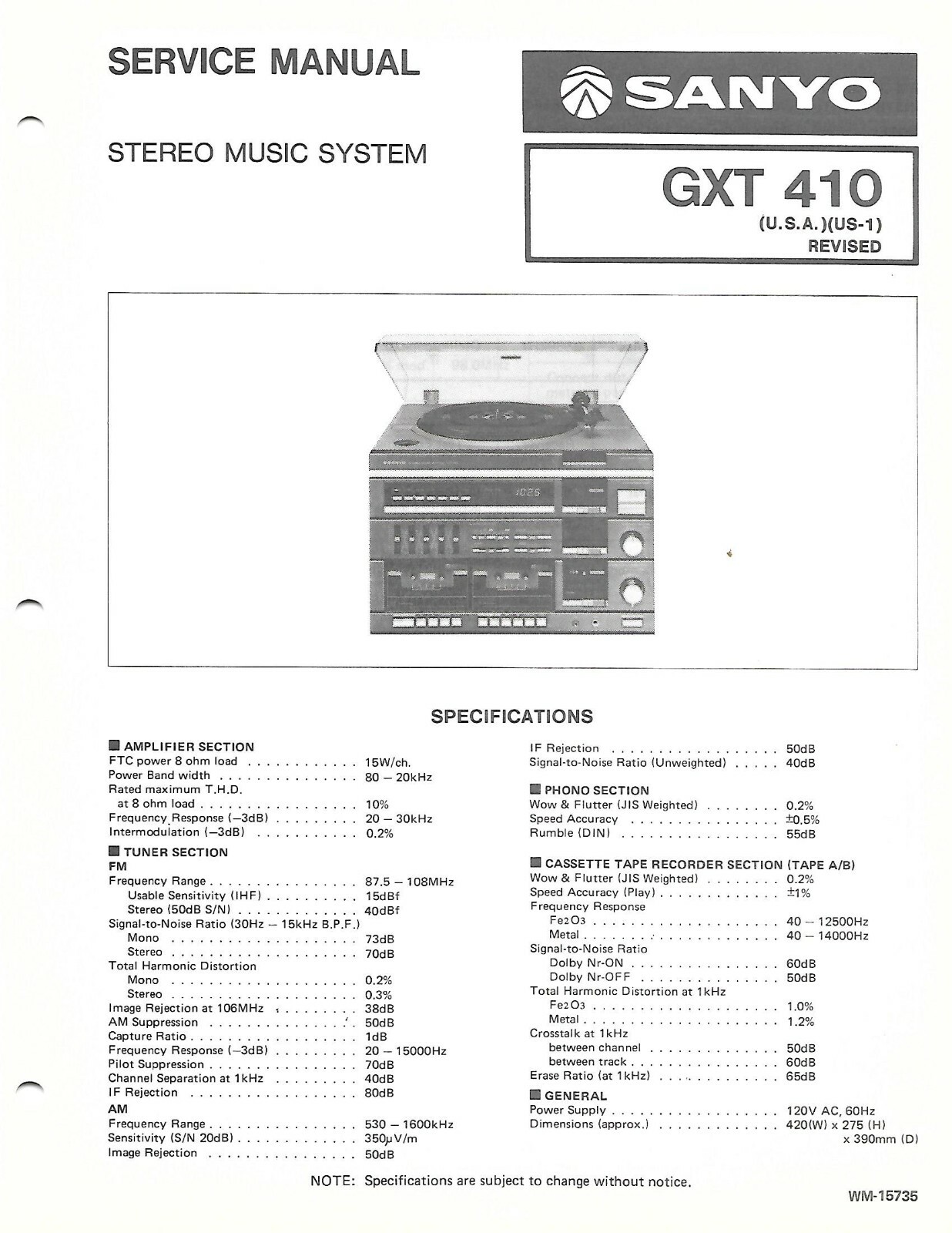 SANYO GXT410 STEREO MUSIC SYSTEM FACTORY REPAIR SERVICE MANUAL ENGLISH