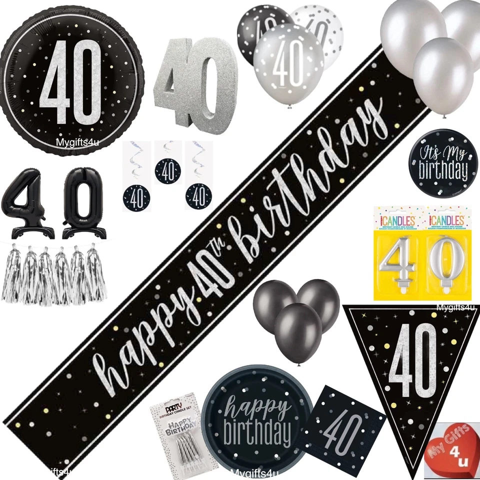 Black 40th & Happy Birthday Decorations Party Bunting Banner Silver Balloons age