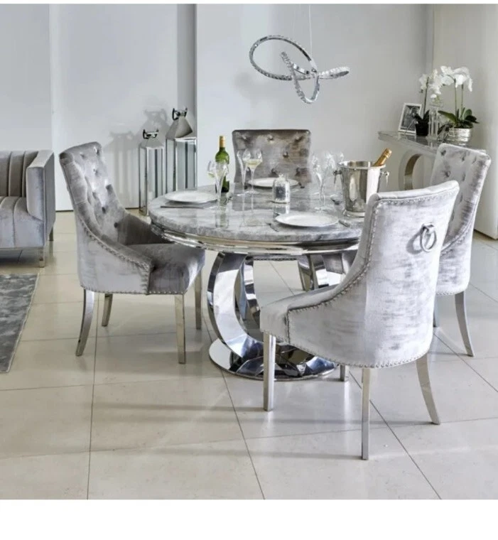 Arianna Round Marble Dining Table Polished Steel Base 1.3 Metre Grey Or White