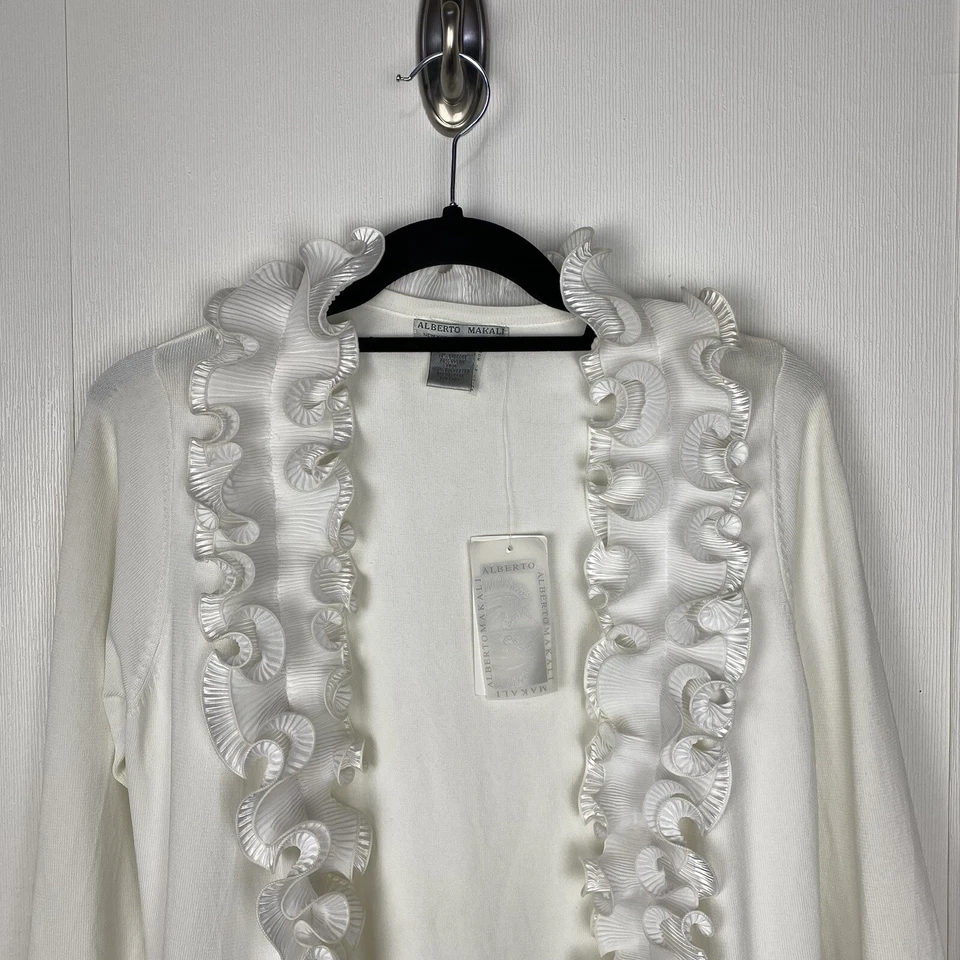 Alberto Makali 全新带标签荷叶边开衫毛衣上衣白色粘纤混纺 M 码 — 第 2/4 张图片