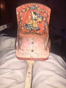 Vintage chair pull toy wood and metal wooden handle puppy lamb and teddy bear