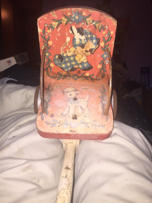 Vintage chair pull toy wood and metal wooden handle puppy lamb and teddy bear
