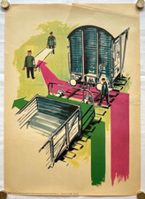 Póster Original Vintage TREN - PASO SEGURO - FERROCARRIL - SEGURO - SEGURIDAD - AÑOS 50