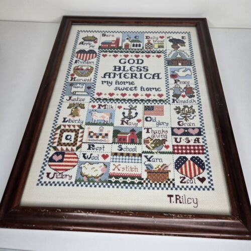 Vintage fertiger Kreuzstich gerahmt hinter Glas Gott segne Amerika patriotisches ABC - Bild 6 von 11