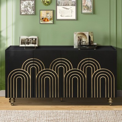 Modern Fluted Sideboard Buffet with Storage, Curve Element with Strict Lines,