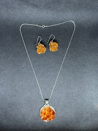 Orange Citrine Druzy Quartz 925 Sterling Silver Necklace Earrings Set 16in