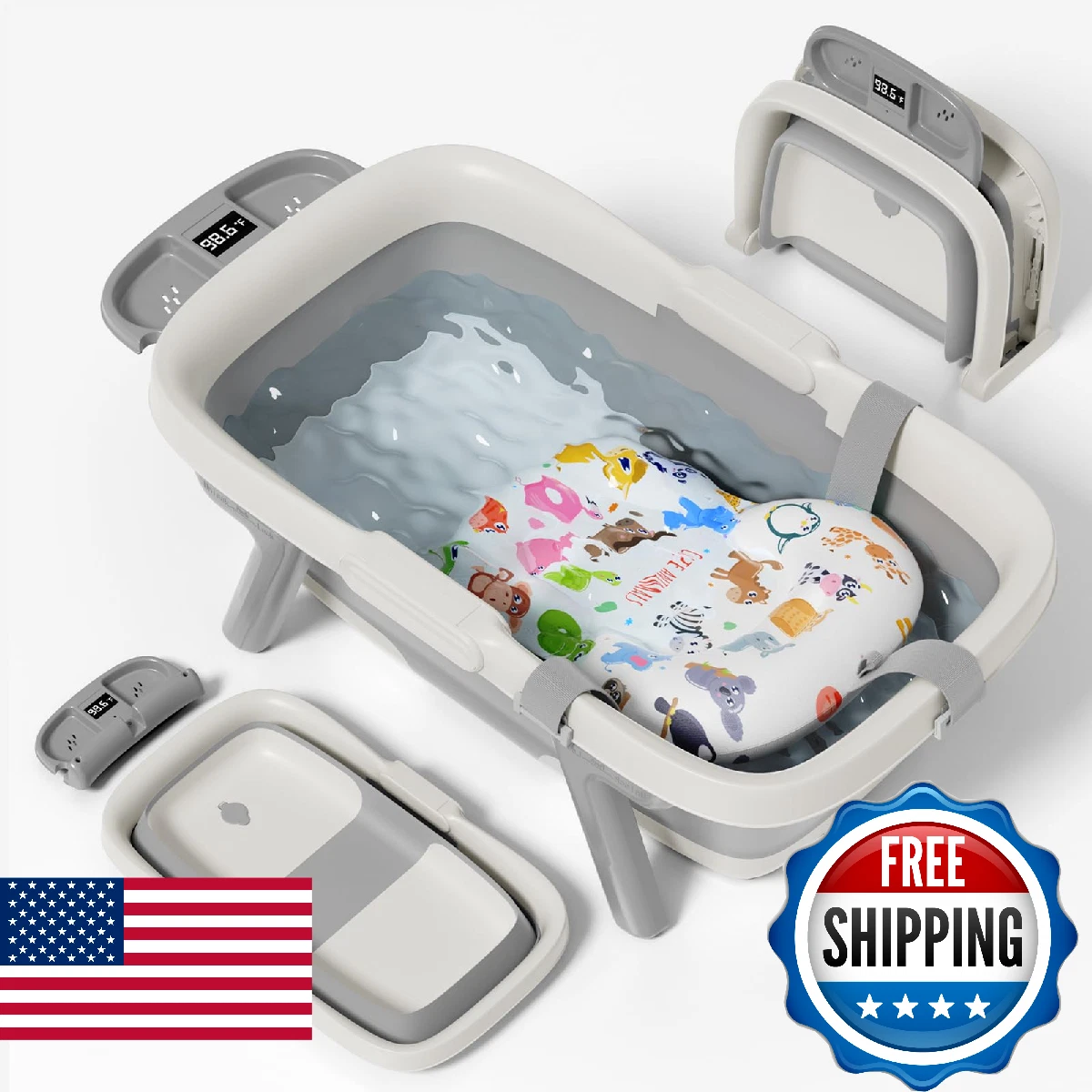 EverKiddo Collapsible Baby Bathtub, Large Infant Bath Tub with Thermometer & Cut