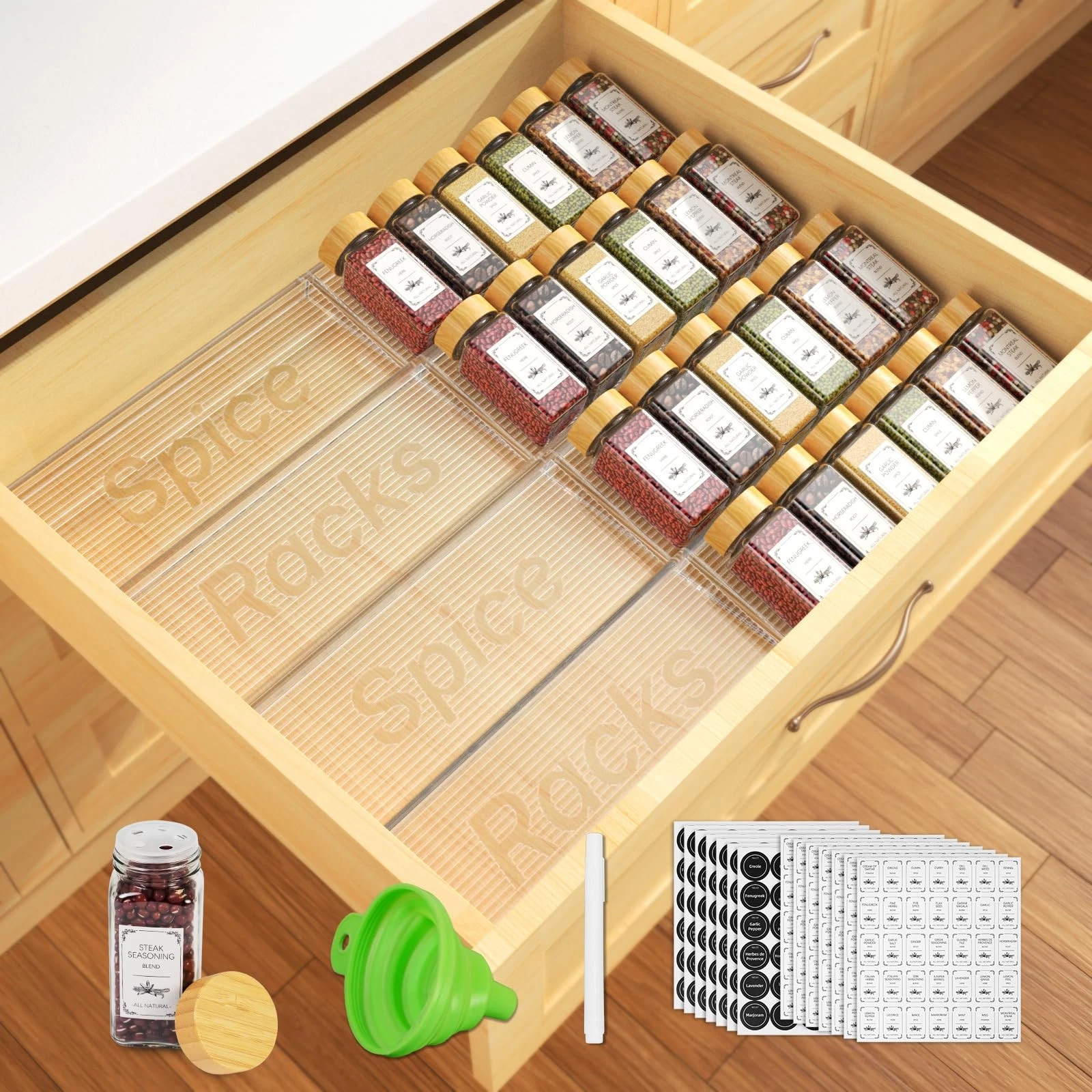 24 Spice Jars with Spice Drawer Organizer, 355 Spice Labels, 2 Pack Expandabl...