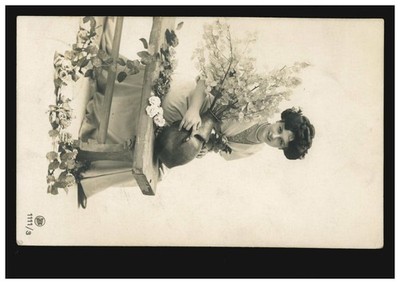 Fashion Postcard Woman in White Dress on a Bench Flower Pitcher Garland MUNICH 4/16/10 