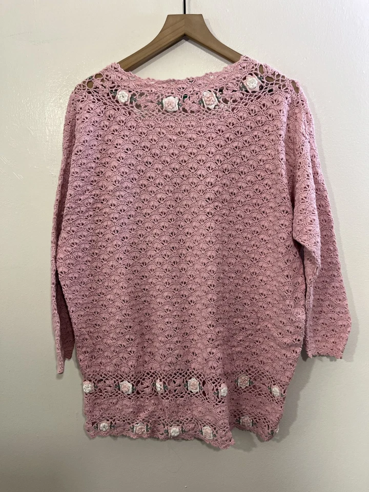 Suéter De Colección Cottagecore Romántico L Tejido a Mano Abuela Jardín Rosetas Floral Rosa Foto 2 de 4