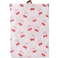 Cherry Bow Throw Blanket Cute Pink Ribbon Red Fruit Flannel Fleece 50x60 Inch