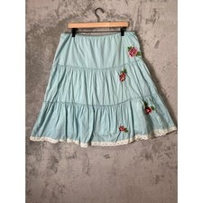 Vintage Cottagecore Tiered Skirt Light Blue Floral Embroidery Eyelet Hem Peasant
