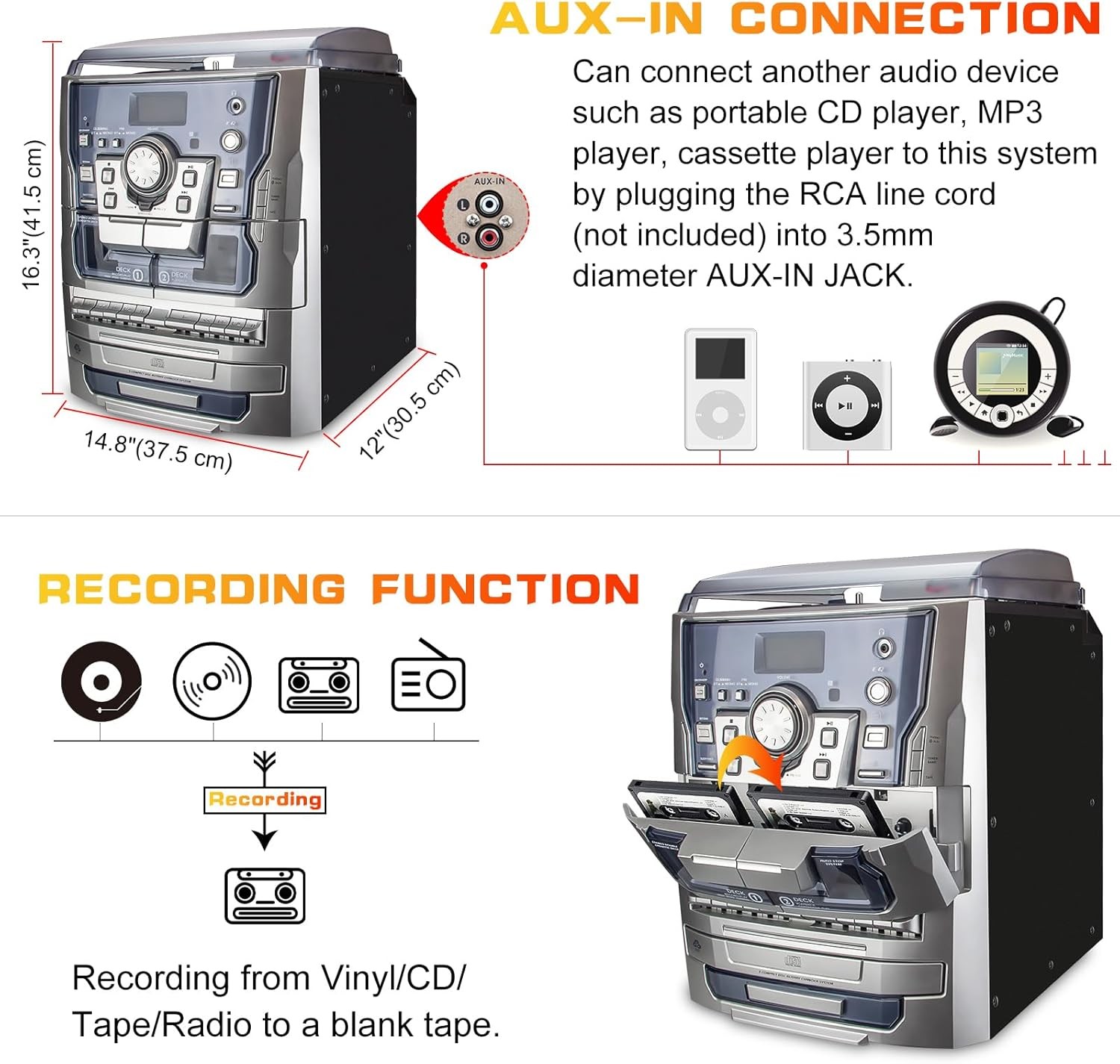 Bluetooth Vinyl Stereo Record Player, 3-Speed Stereo Turntable CD Player Music S