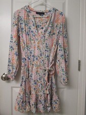 Tommy Hilfiger Mini Long Sleeve Split Neck Tie Waist Floral Dress Medium