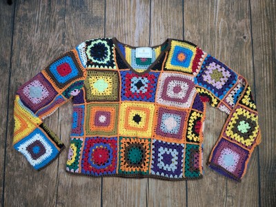 Vintage EXPRESS TriCot Sweater Womens Multicolor Granny Square Crochet Tag Cut