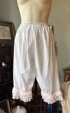 VINTAGE HANDMADE BLOOMERS RUFFLED HEM ELASTIC WAIST LONG PANTALOONS OFF WHITE