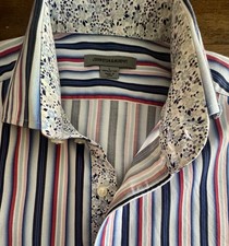 JOHNSTON  MURPHY L White Blue  Red Striped Long Sleeve Button Down Flip Cuff
