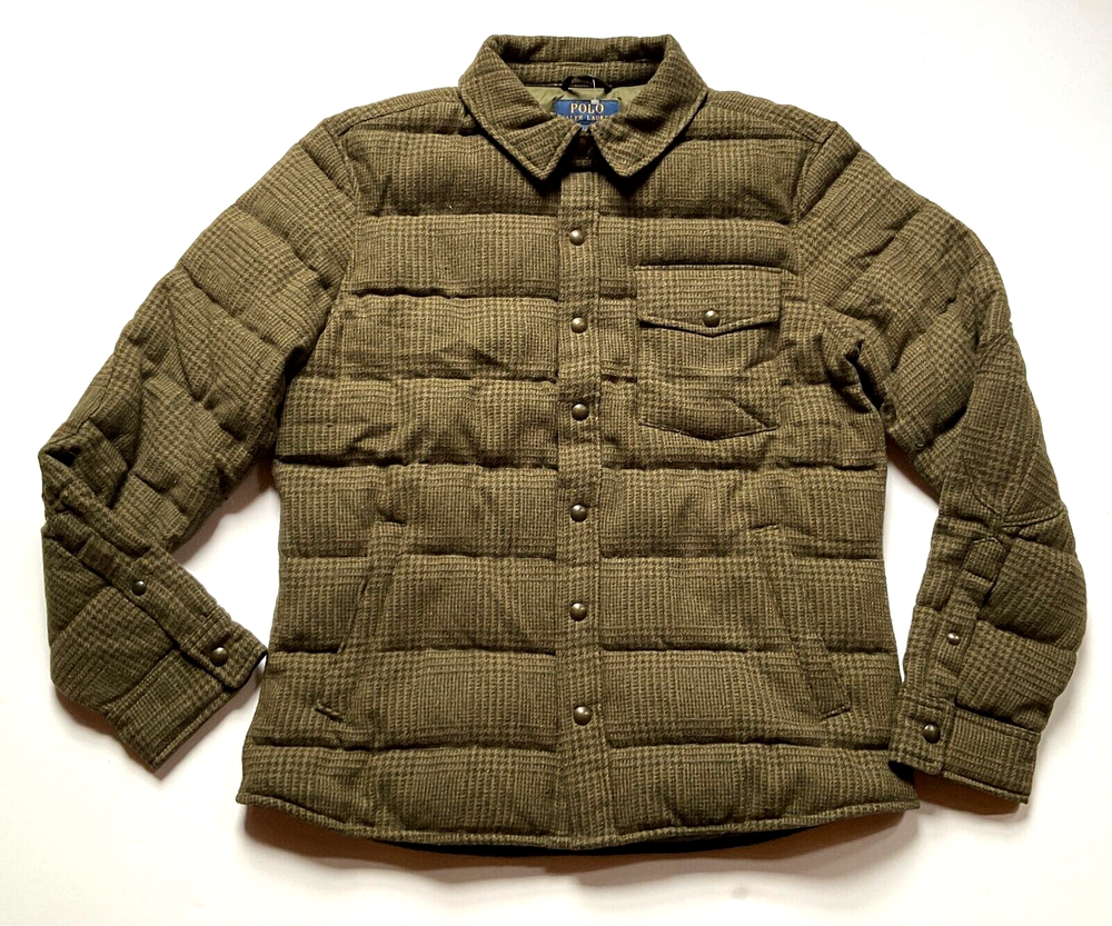 Ralph Lauren Olive Wool Blend Tweed Quilted Down Overshirt Jacket for Men